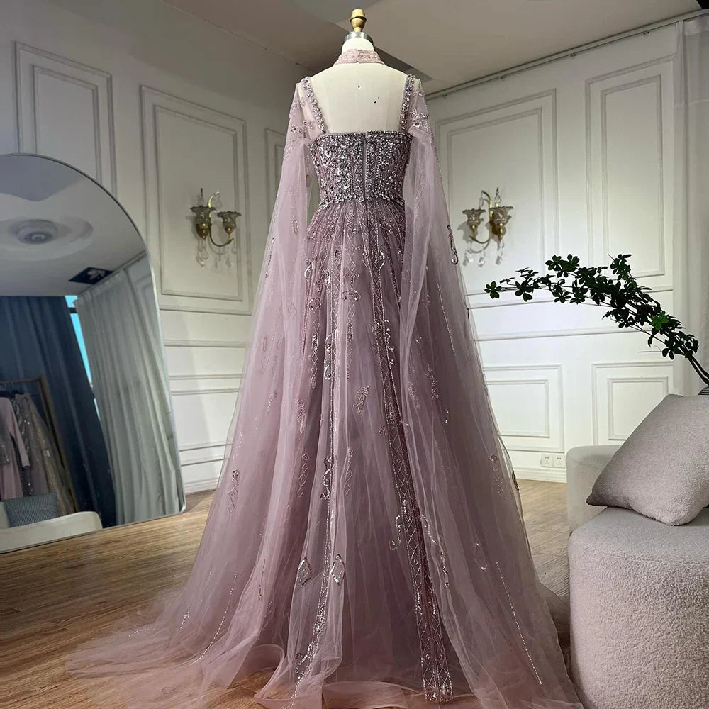 2025 Arabic Nude A Line Cape Sleeve Crystal Beaded Luxury Saudi Evening Dresses Gowns For Formal Occasion LA72764