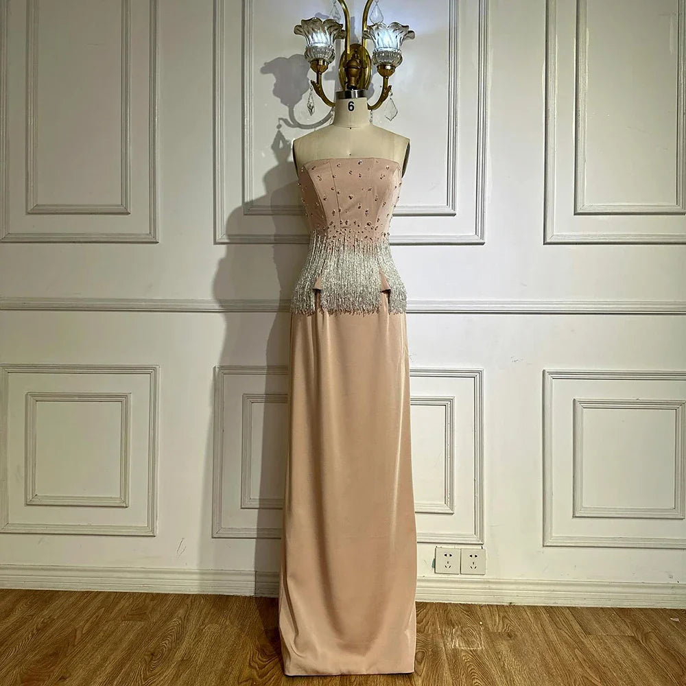 2025 Saudi Nude Pink Strapless Arabic Mermaid Evening Dresses Gowns Beaded Tassel for Occasion LA72804