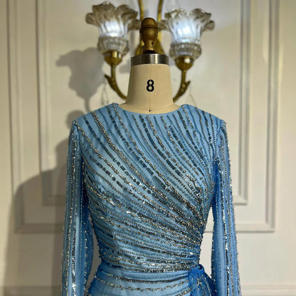 2025  Arabic Elegant Blue Beaded Saudi Evening Dresses Gowns for Formal Occasion LA72822