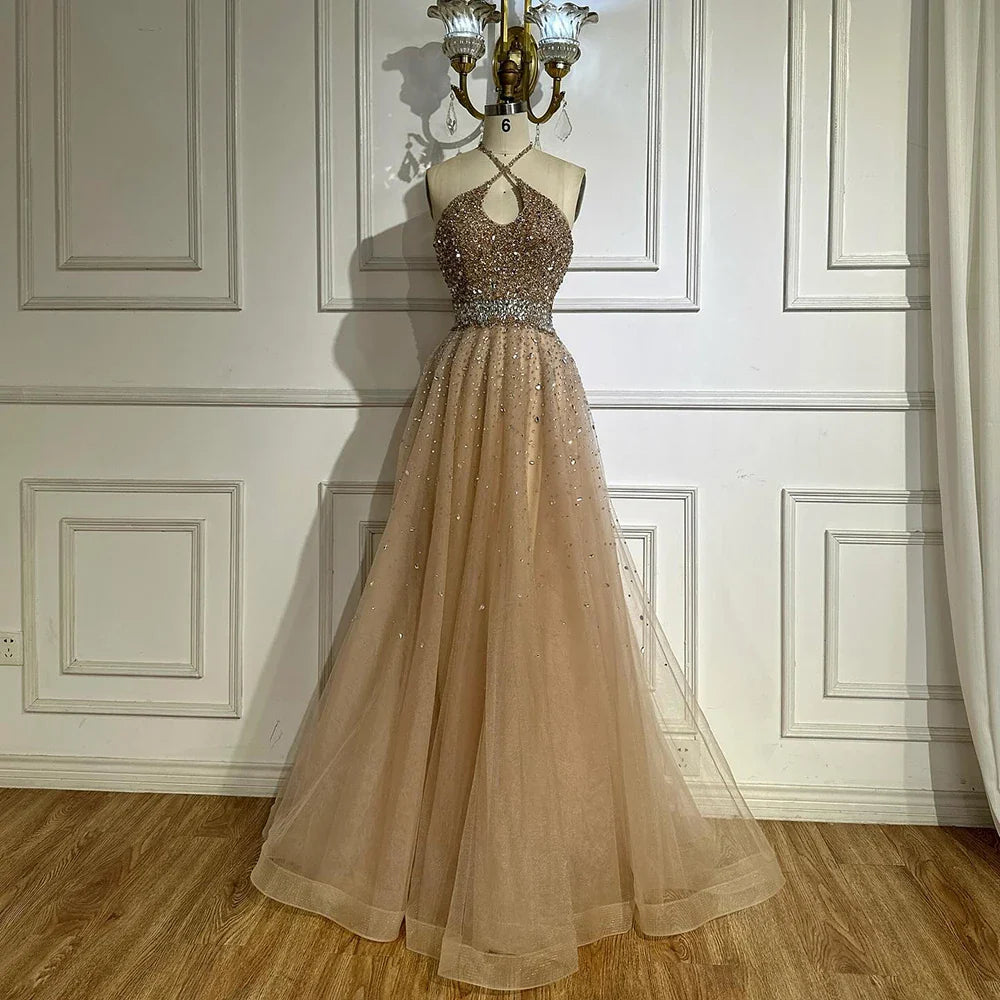 2025 Saudi Arabic Caramel Halter Beaded Tulle A-Line Evening Gown LA72863