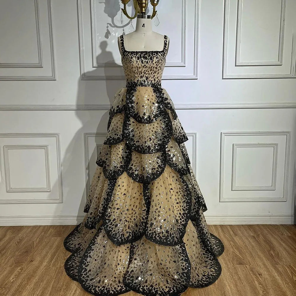 Luxury Designer Sparkly Sequin Tiered Ruffles Ball Gown Evening Dress LA72505