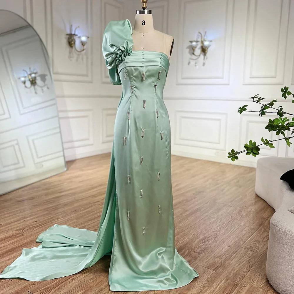 Vestido de noche árabe verde salvia de un solo hombro con capa de cristal de lujo de Dubái para fiesta de boda de mujer LA72412 