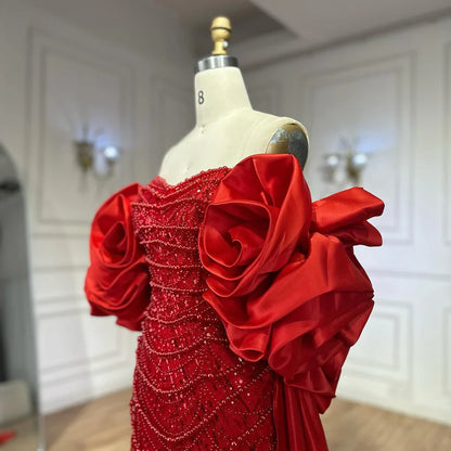 Vestido de noche largo estilo sirena con perlas y capa roja, ideal para ocasiones formales (2025, LA72585A) 