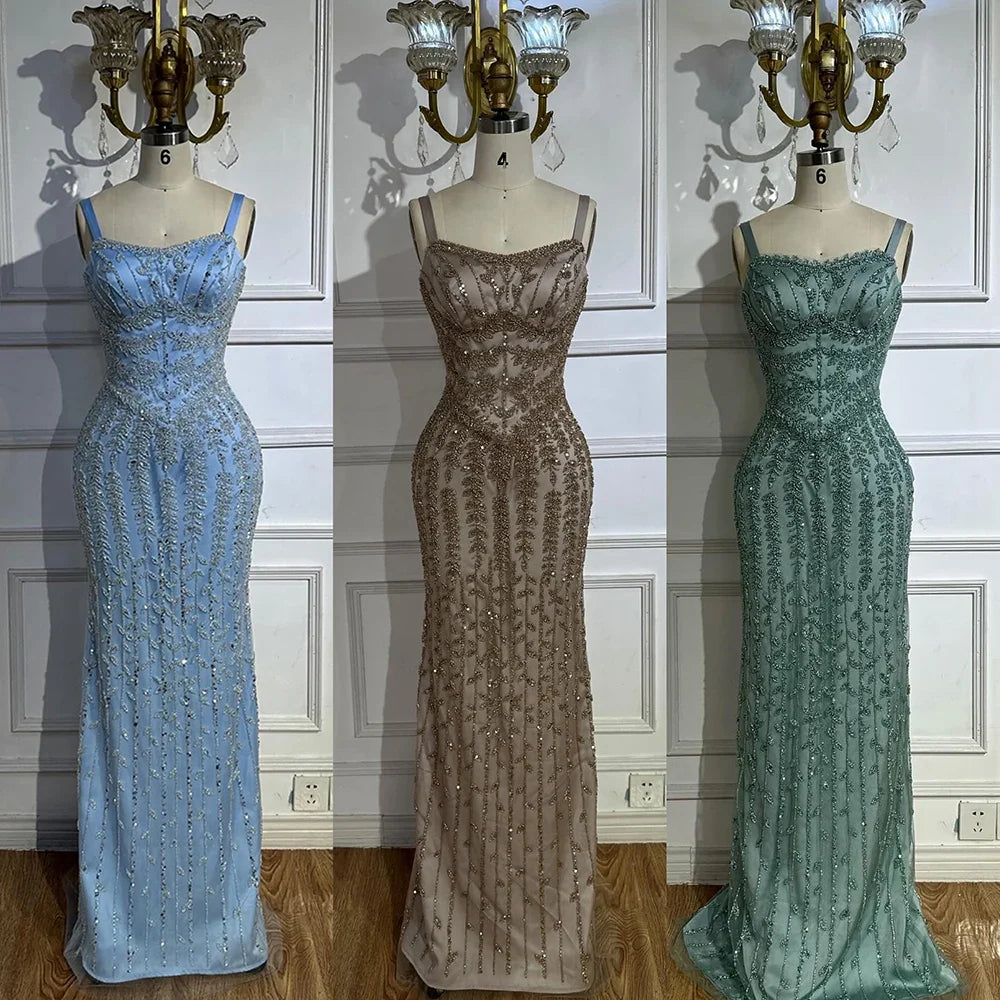 2025 Arabisches blaues Meerjungfrauenkleid mit Spaghettiträgern, luxuriöses perlenbesetztes Abendkleid aus Saudi-Arabien für formelle Anlässe LA72725 