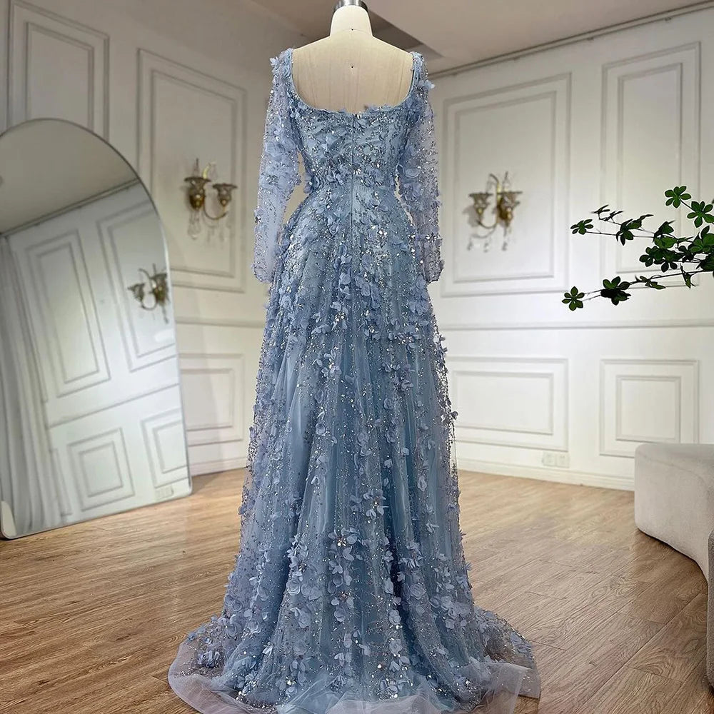 Elegante vestido de noche árabe gris con apliques de cuentas y corte en A para mujer, para fiesta de boda LA72657