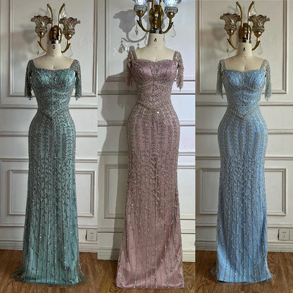 Vestido de noche elegante de sirena rosa con cuentas LA72787