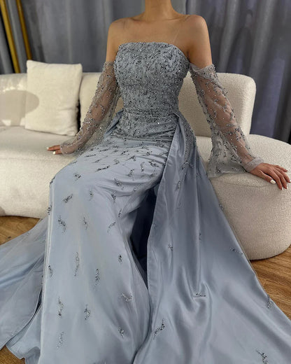 Arabisches Abendkleid Silbergrau Frau Hochzeitsfeier Ballkleider LA72705