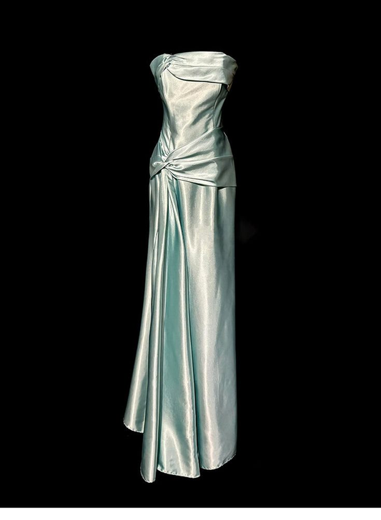 Elegante vestido de noche largo de satén sin tirantes verde salvia Y8561
