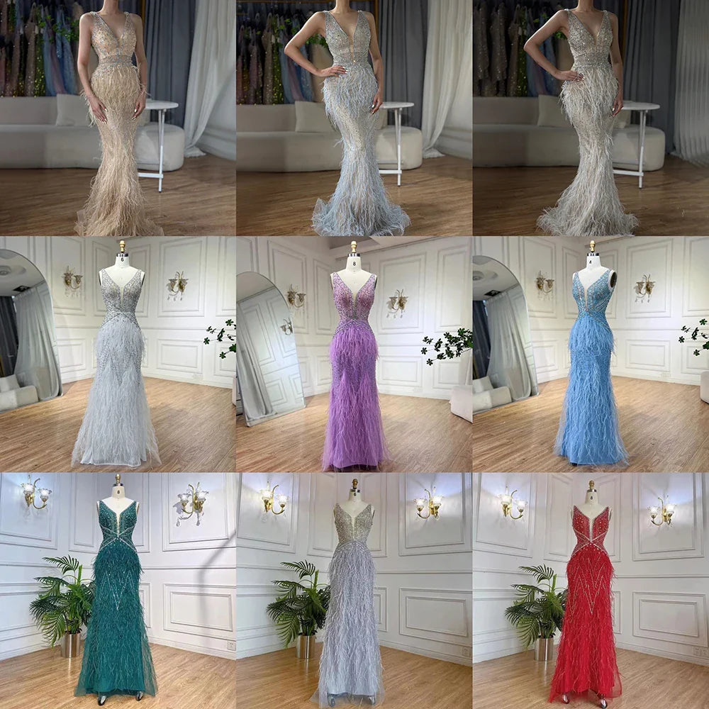 Arabisch Blau Meerjungfrau Elegant Mit Cape Luxus Perlen Feder Dubai Abendkleider Kleider für Frauen Party LA71583B 