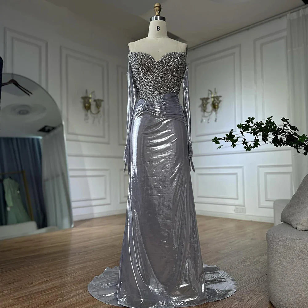 2025 Elegant White Arabic Strapless Evening Gown with Crystal Beaded Dress and Gloves for Formal Occasion LA72758