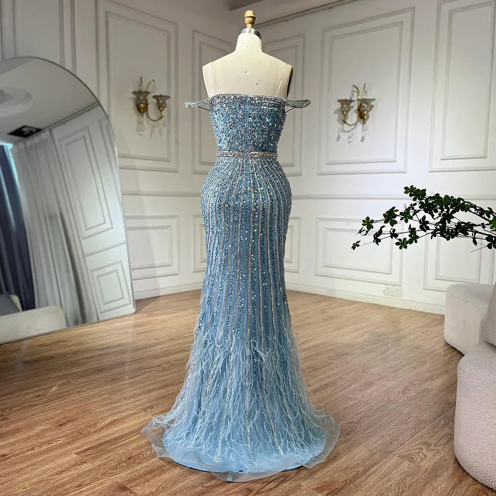 2025 Caramel Spaghetti Strap Mermaid Gown Feathers Beaded Luxury Saudi Evening Dress for Formal Occasion LA72715