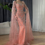 Vestidos de noche de lujo en rosa nude con mangas estilo capa LA72261