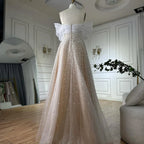 Vestido de noche largo azul árabe con hombros descubiertos y cuentas, elegante, corte A, para ocasiones formales, LA72009A