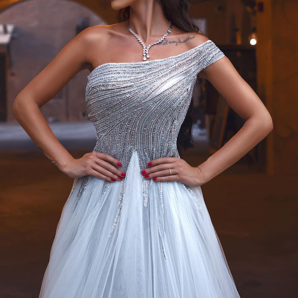 Silber A-Linie One-Shoulder Abendkleider Kleider 2025 Luxus Perlen Für Frauen Party LA71672 