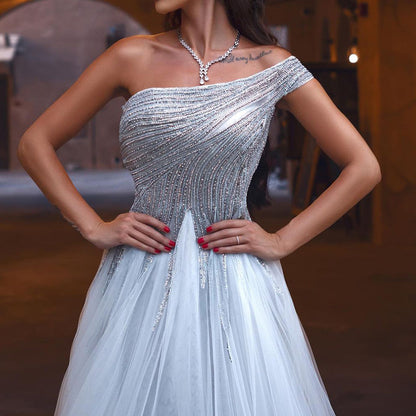 Silber A-Linie One-Shoulder Abendkleider Kleider 2025 Luxus Perlen Für Frauen Party LA71672 