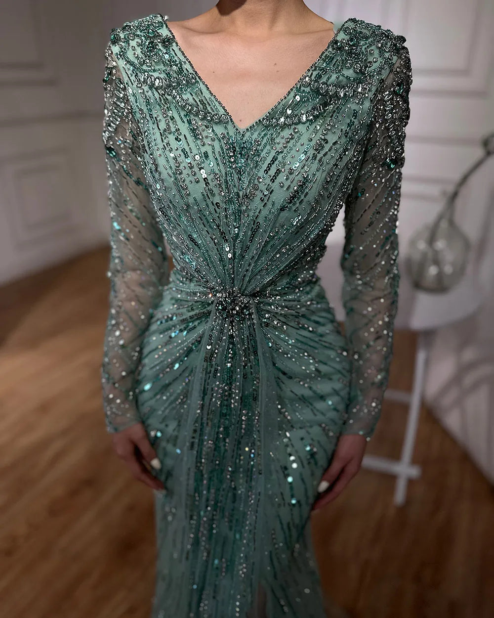 Vestido de noche árabe turquesa elegante con cuentas y abertura en la espalda, estilo sirena, para mujer, para fiesta de boda, LA72007 