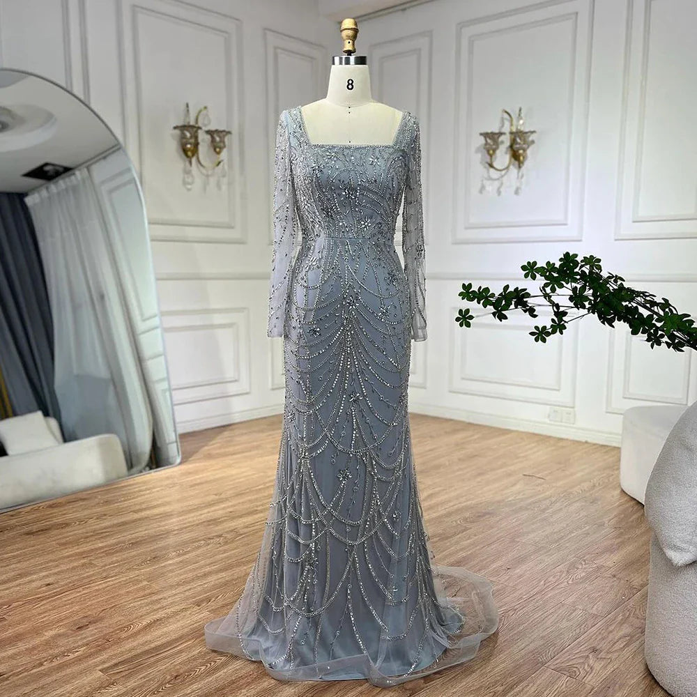 Luxuriöses Dubai Grünes Meerjungfrau Abendkleid mit langen Ärmeln LA72242
