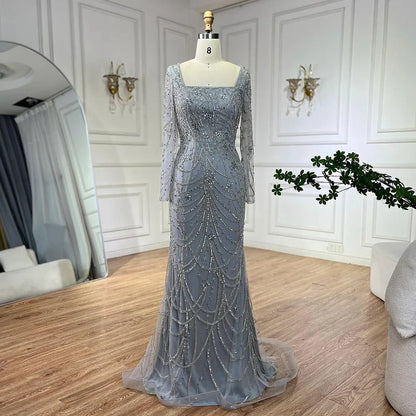 Luxuriöses Dubai Grünes Meerjungfrau Abendkleid mit langen Ärmeln LA72242