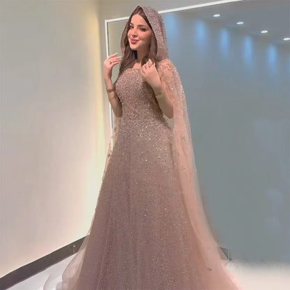 2025 Saudi Arabic Turquoise Evening Gown with Beaded Dress and Elegant Hooded Cape for Formal Occasion LA72659A