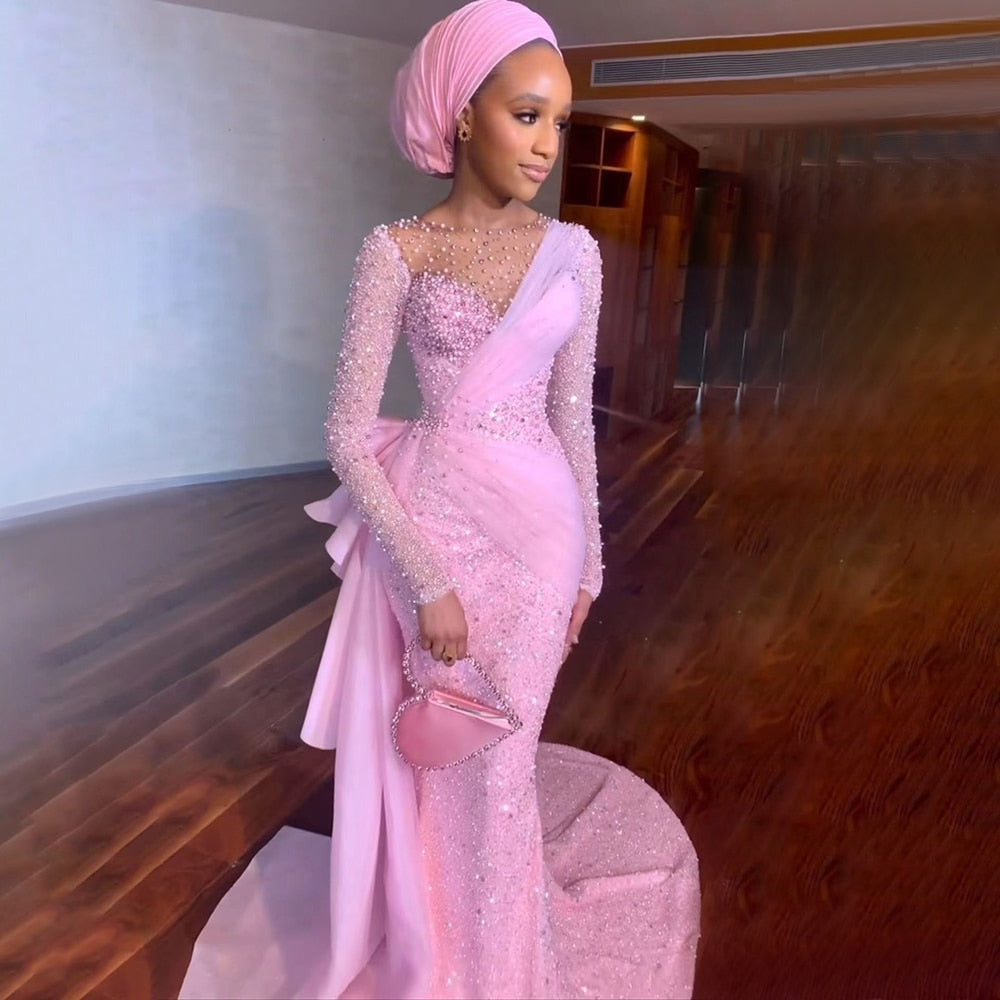 Rosa Arabisch Meerjungfrau Elegant Mit Rock Abendkleider Kleider Luxus Perlen Perlen 2025 Für Frauen Party LA71746 