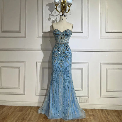 Arabisch Blau Elegante Trägerlose Meerjungfrau Perlen Luxus Dubai Abendkleider Kleider 2025 für frauen Party LA72328 