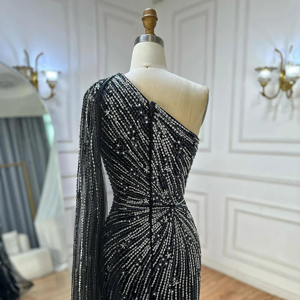 2025 Saudi Black High Split Mermaid One Shoulder Beaded Evening Dresses Gowns for Formal Occasion LA72829