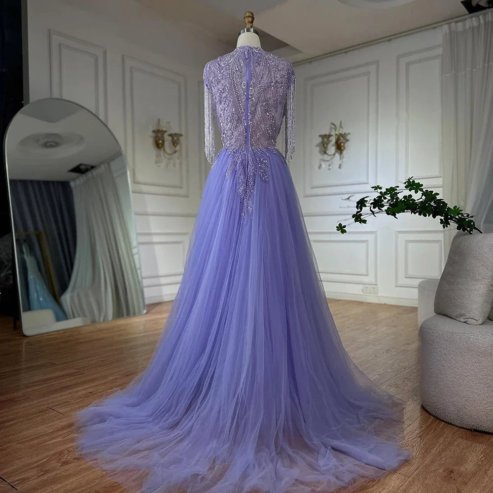 2025 Arabic lilac Elegant A Line Beaded Tassel Luxury Dubai Evening Dresses Gowns for Woman Wedding Party LA72422