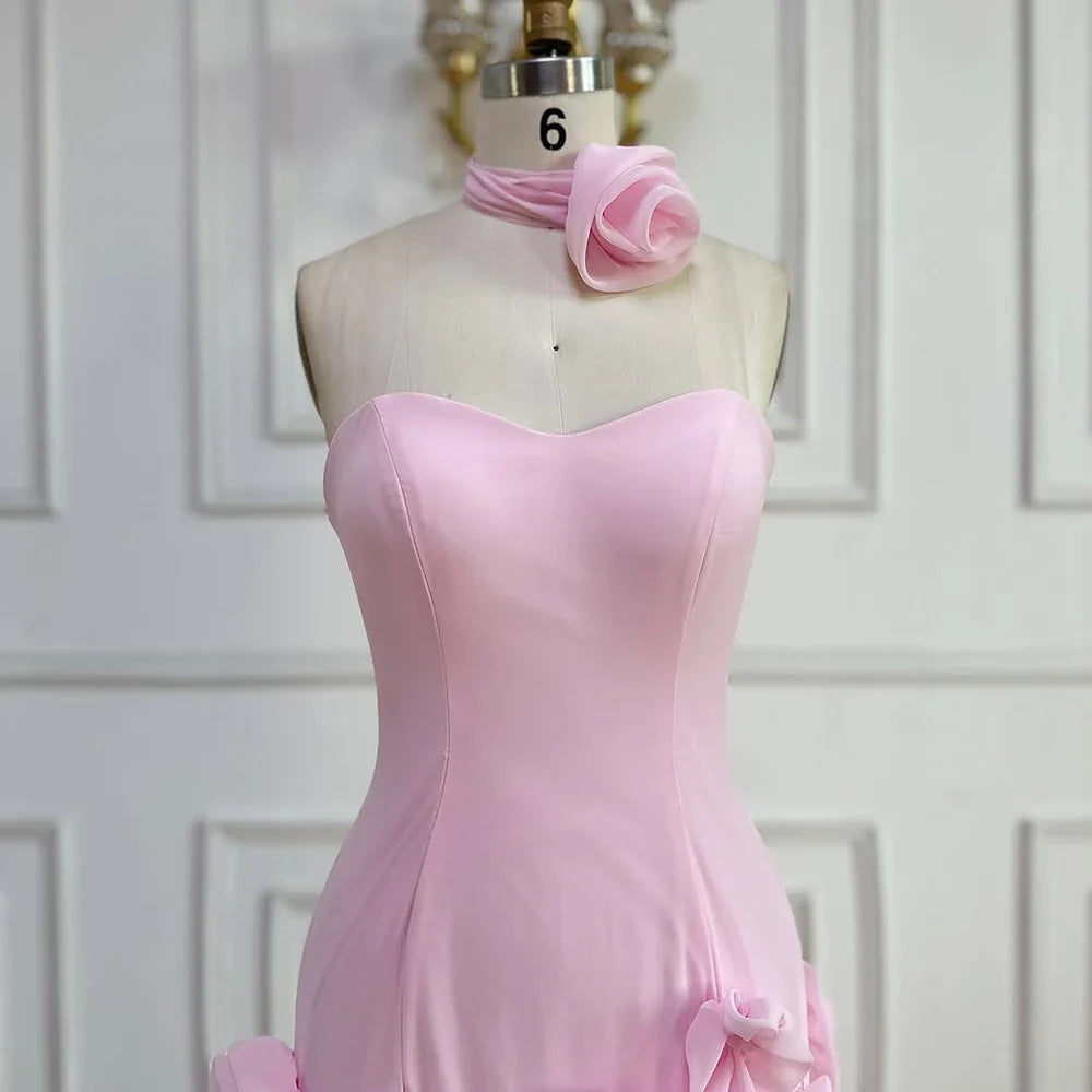 Elegante vestido de noche para niña, estilo árabe, rosa, con flores 3D, sin mangas, con abertura lateral, para fiesta de graduación, LA72568