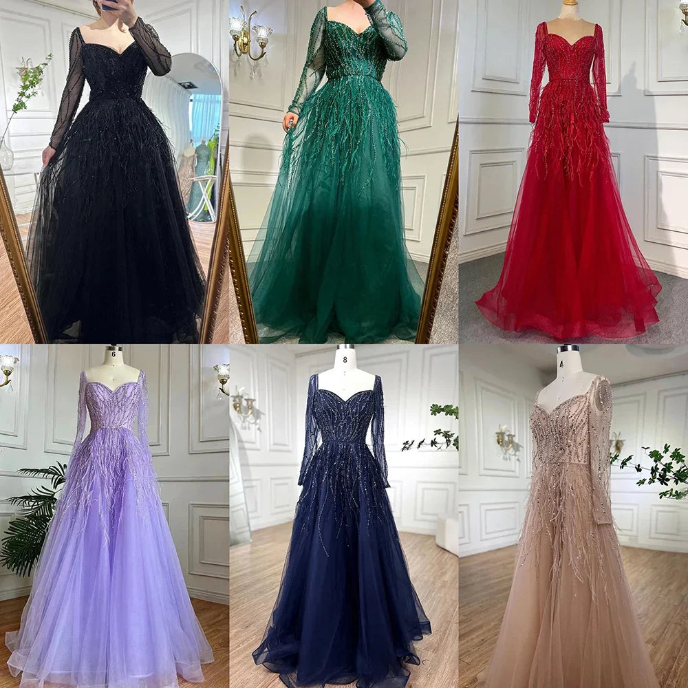 Vestido de noche árabe de lujo con cuentas y plumas, hecho a mano, 2025 LA71468