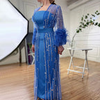 Perlenfedern A-Linie Creme Kaftan Marocain Femme Abendkleider Arabisch Mit Jacke Kleid Für Party LA71759 