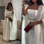 Vestido de noche árabe de satén blanco estilo sirena 2025 con capa larga para ocasiones formales LA72825 