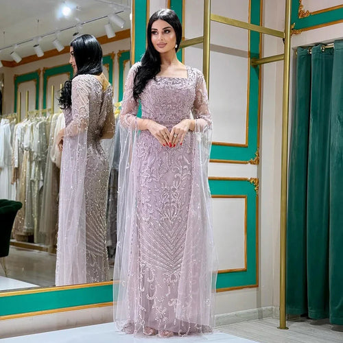 Vestido de noche largo estilo sirena color caramelo árabe 2025 con mangas de capa con cuentas | Vestido para fiesta de boda LA72400A 
