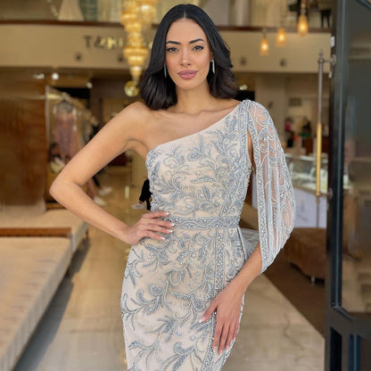 2025 Grey Nude One-Shoulder Evening Dresses Gowns Luxury Beaded Mermaid Elegant For Women Party LA71886