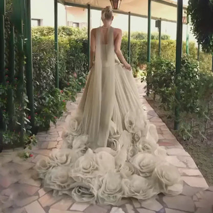 Elegantes Abendkleid in Salbeigrün mit 3D-Blumen in A-Linie LA72913