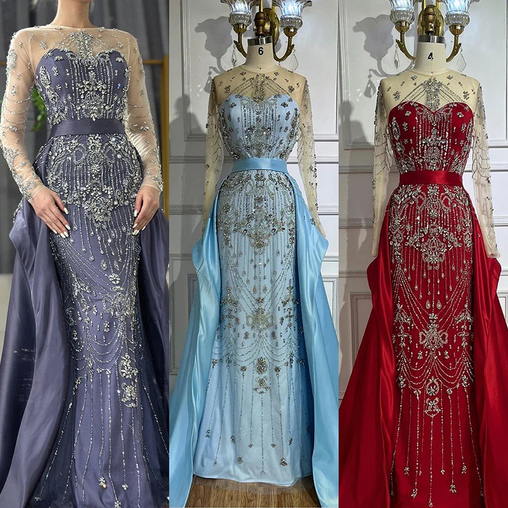 Luxuriöses, perlenbesetztes, blaues Abendkleid mit langen Ärmeln und Überrock LA72757