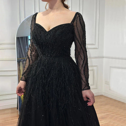 Vestido de noche árabe de lujo con cuentas y plumas, hecho a mano, 2025 LA71468