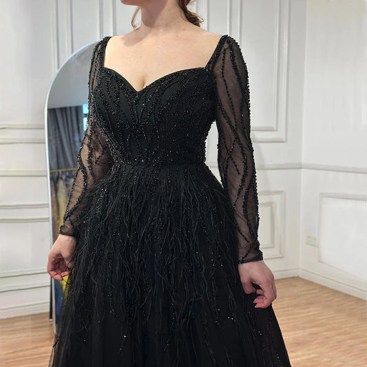 Vestido de noche árabe de lujo con cuentas y plumas, hecho a mano, 2025 LA71468