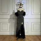 Silver Nude Strapless Mermaid Open Split Sexy Evening Dresses Luxury Beaded Tassel Party Gowns For Women LA72083