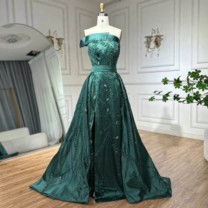 2025 Green Arabic One-Shoulder Satin Evening Gown Beaded Dress with Overskirt and Split for Formal Occasion LA72178
