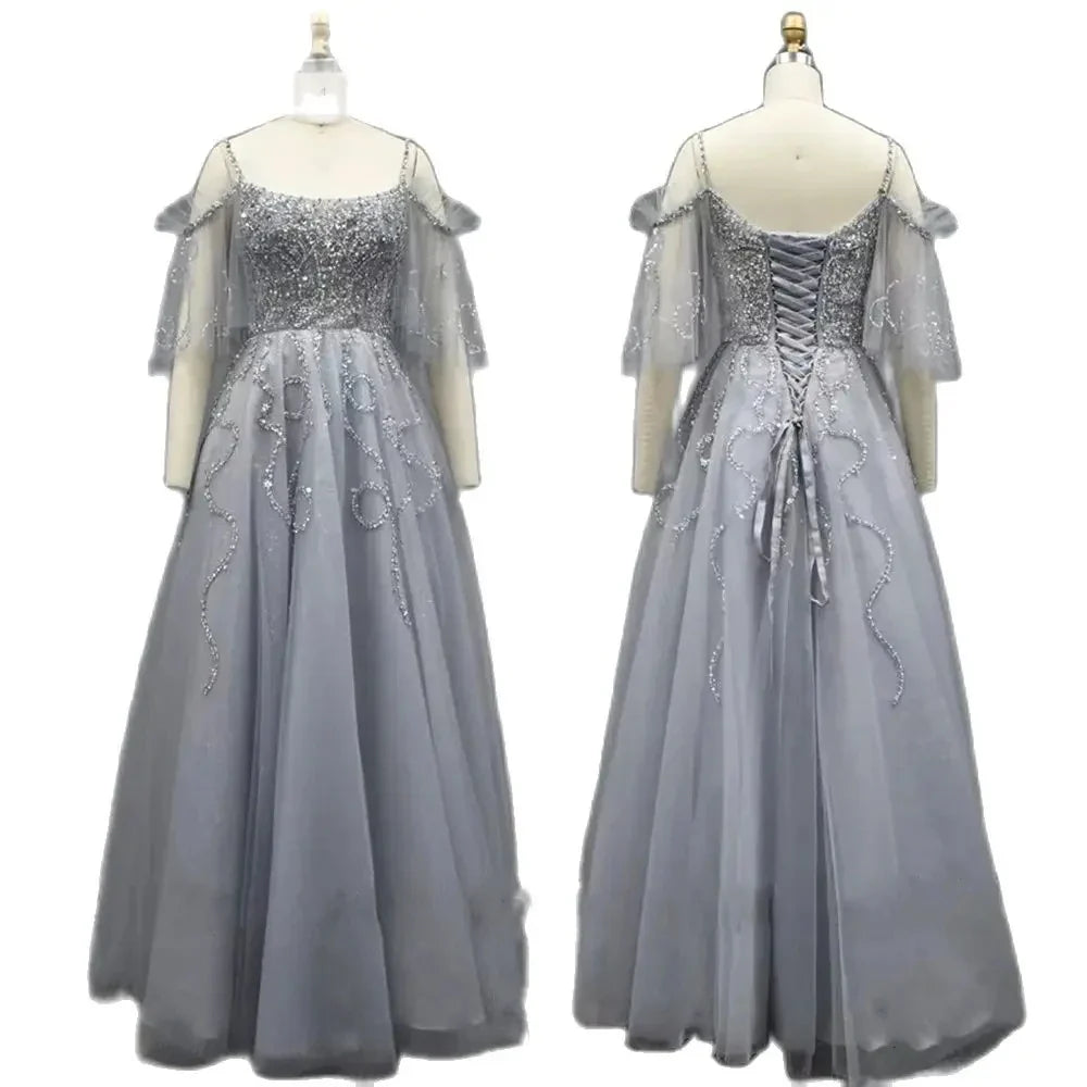 Vestidos de noche árabes grises de lujo de Dubái, corte A, con cuentas y cordones, para mujer, para fiesta de boda, LA72256