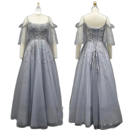 Vestidos de noche árabes grises de lujo de Dubái, corte A, con cuentas y cordones, para mujer, para fiesta de boda, LA72256