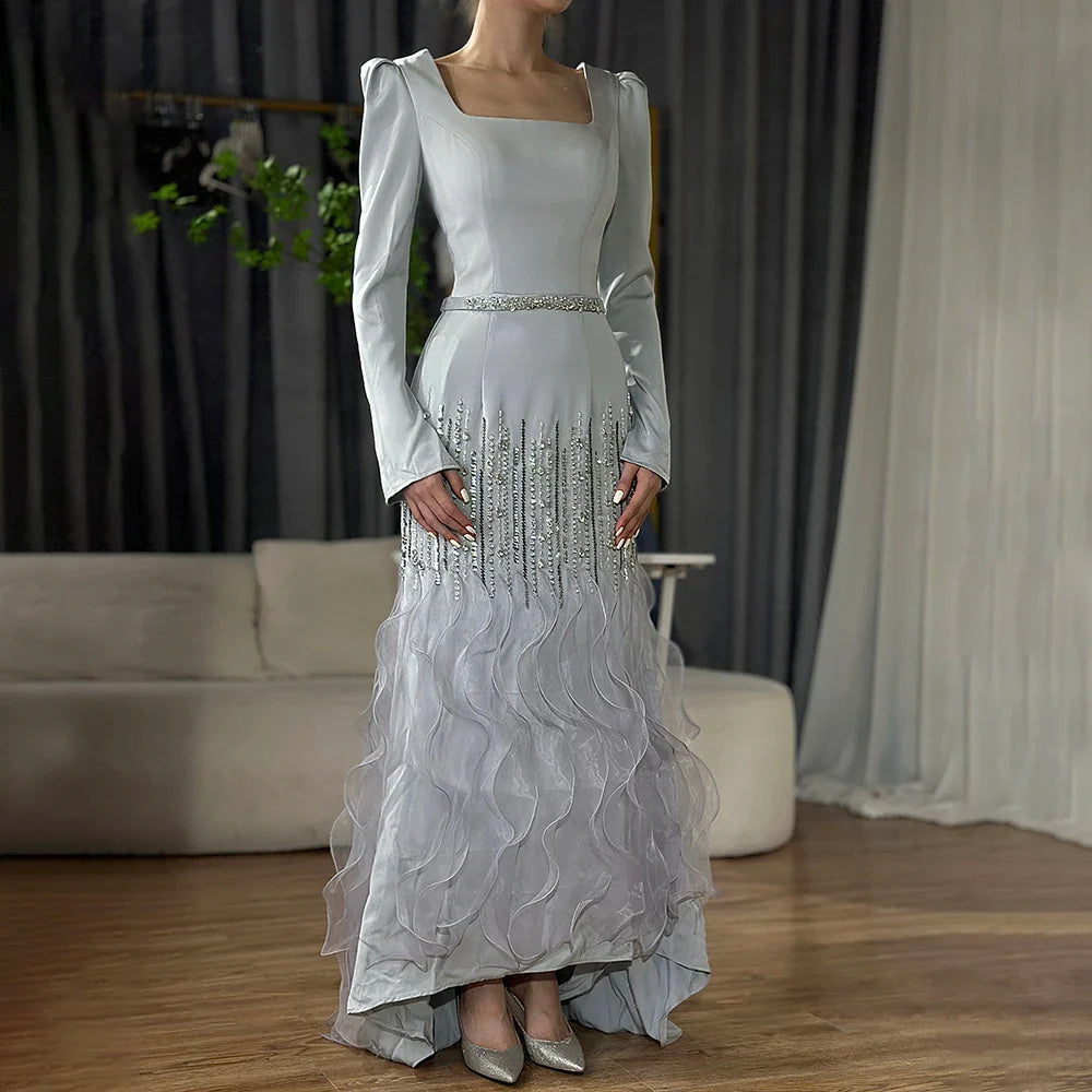 Elegante vestido de noche de satén con cuentas, estilo sirena, color gris árabe, largo hasta los tobillos, para mujer, fiesta 2025 LA72317 