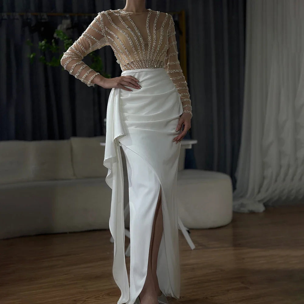 White Long Sleeves Mermaid Split Evening Dresses Design 2025 Beaded Luxury Elegant For Women Party LA71531