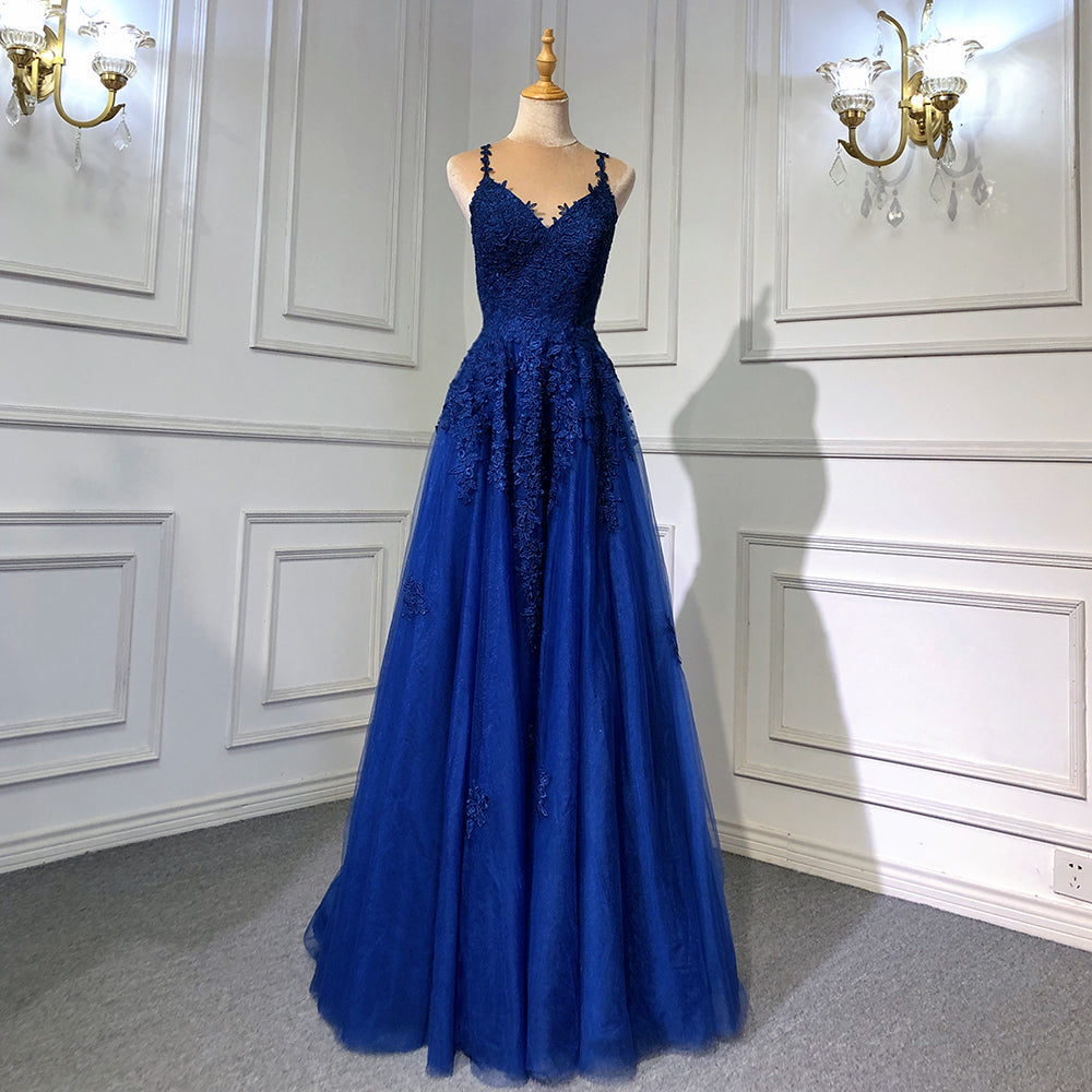 Vestido de noche elegante de sirena azul marino con tirantes finos, espalda descubierta y cordones, para mujer, fiesta, LA71641 