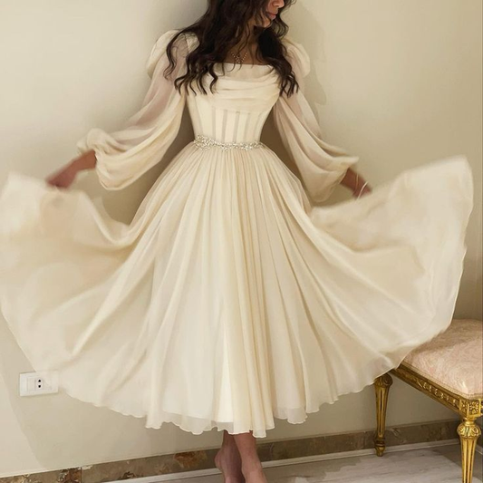 Vestido de noche árabe midi corto beige con cinturón, manga larga, largo hasta la rodilla, para mujer, vestido formal de boda Y4847