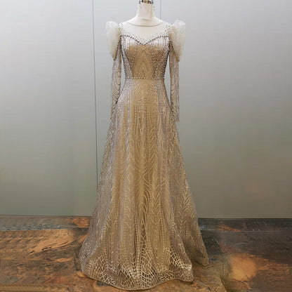 Vestidos de noche musulmanes con cuentas doradas, vestidos de lujo 2025, corte A, mangas abullonadas para mujer, fiesta LA71657 