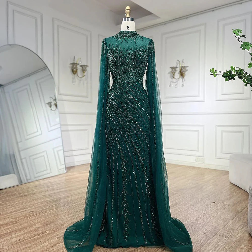 Luxuriöses Abendkleid im Meerjungfrauen-Stil in Schwarz mit Cape-Ärmeln LA71885A 