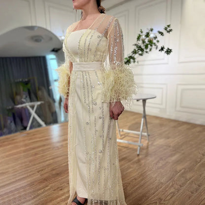 Vestido de noche marroquí con plumas y cuentas, corte A, color crema, con chaqueta, para fiesta, LA71759 