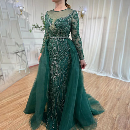 Vestidos de noche musulmanes de lujo color piel, estilo sirena, 2025, con sobrefalda de cuentas, elegantes para mujer, para fiesta, LA71597 