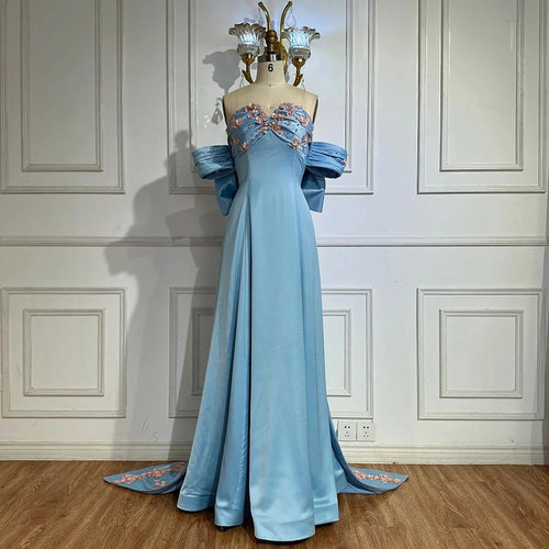 2025 Arabisches trägerloses blaues perlenbesetztes A-Linien-Abendkleid aus Saudi-Arabien für formelle Anlässe LA72792 